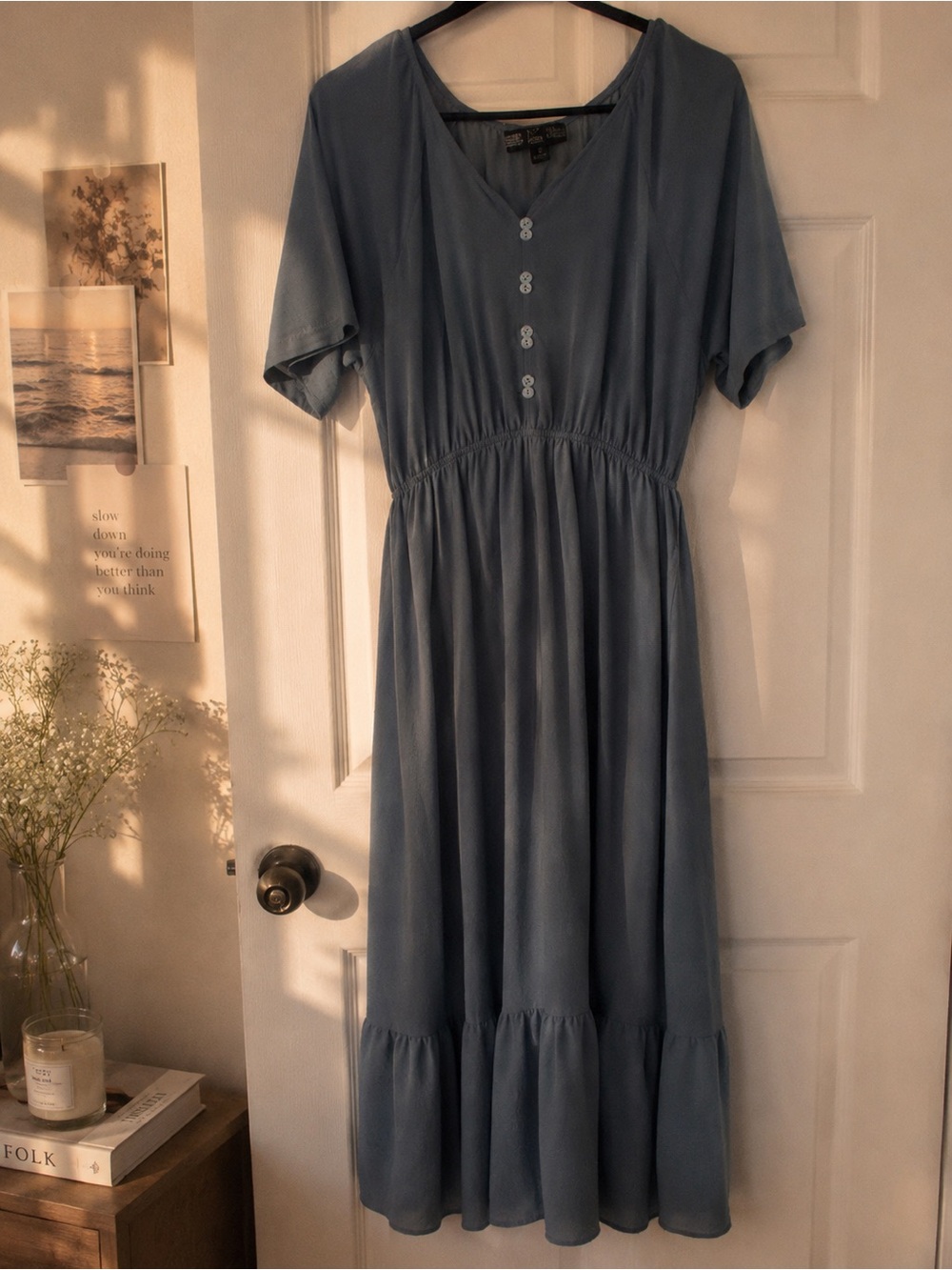 V-Neck Dusty Blue Button-Front Maxi Dress